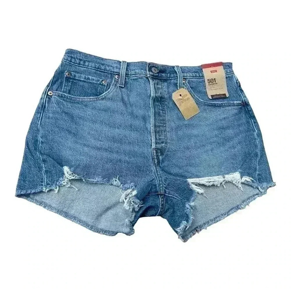 Women’s Levi’s 501 Original Jean Shorts Size 32 US 14 Distressed Medium Denim - Picture 1 of 8
